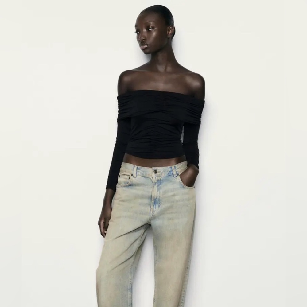 NWT ZARA RUCHED FITTED DRAPED TOP BLACK